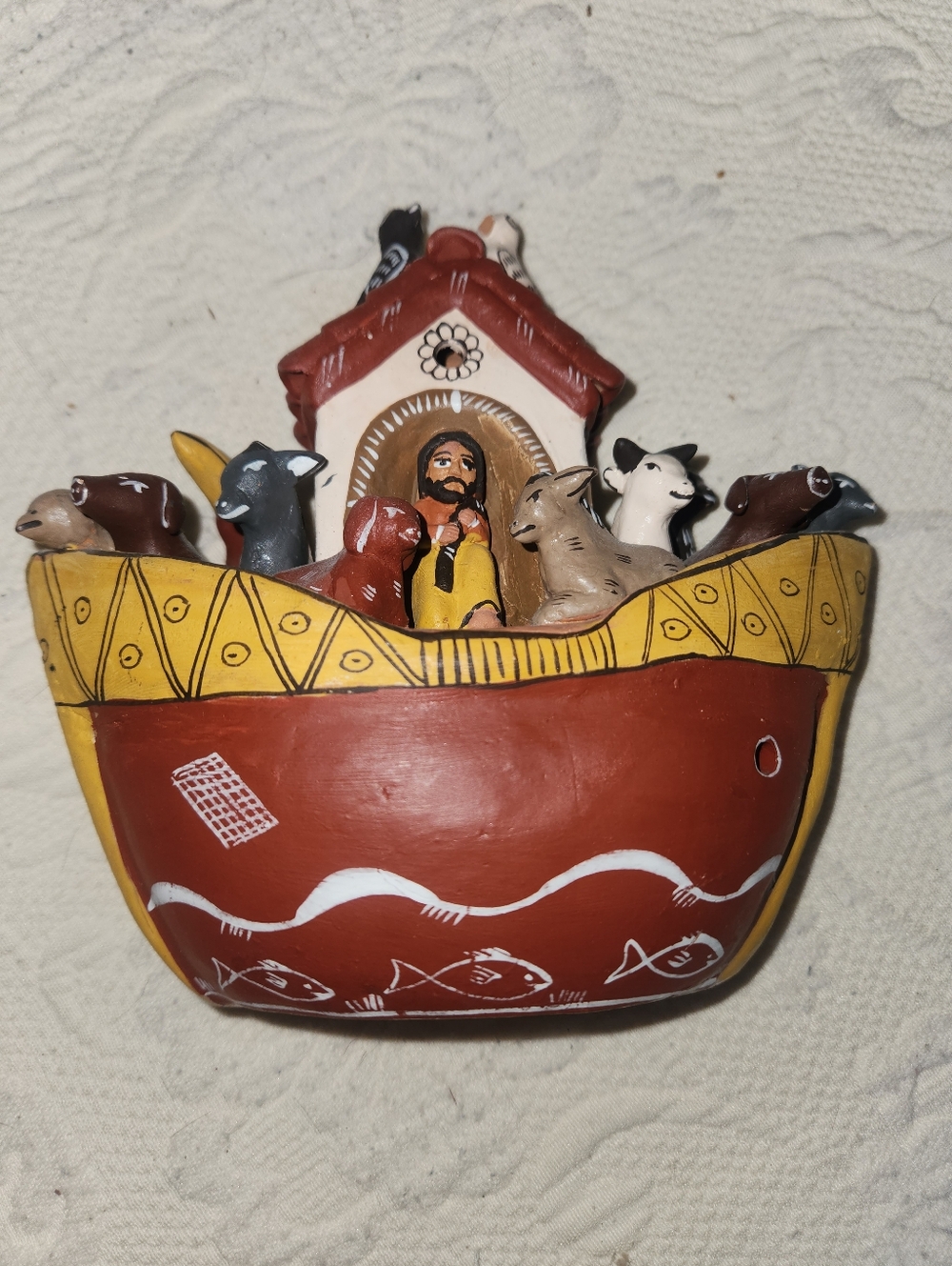 Handpainted Ceramic Noah's Ark Figurine in Red and Yellow